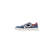 Boss Herren-Sneaker aus blauem und schwarzem Wildleder mit weißen Schnürsenkeln, roter Fersenlasche und klobiger, cremefarbener Sohle