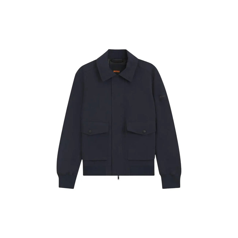 Dunkelmarineblau hugo Boss Herrenblazer aus Polyester in klassischer Passform mit klassischem Kragen, Frontreißverschluss und zwei aufgesetzten Taschen