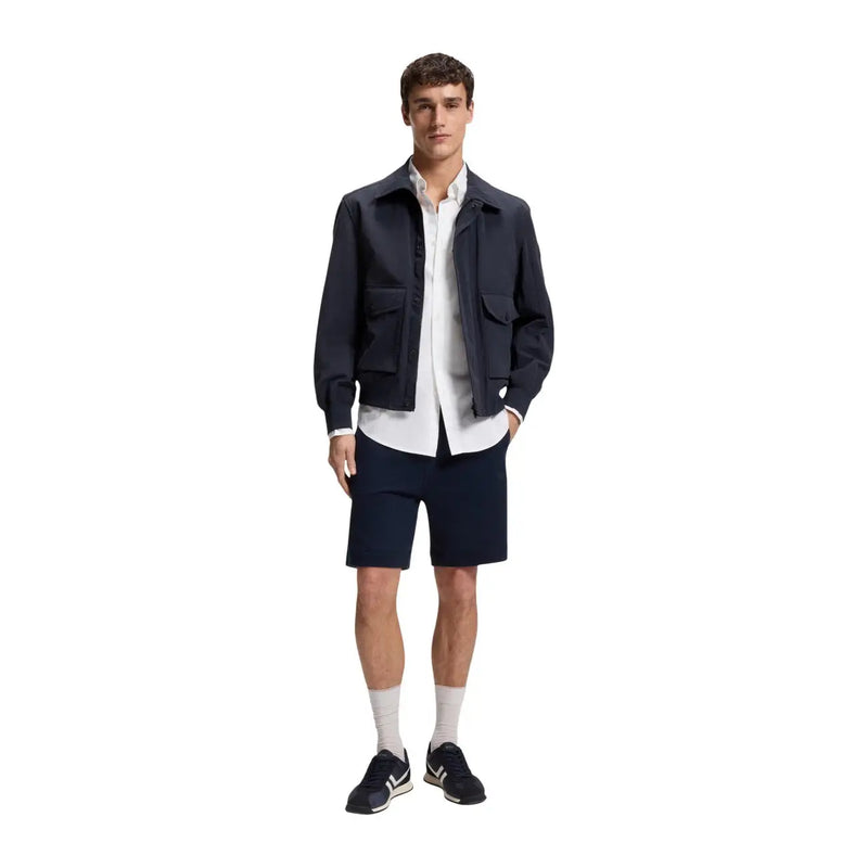 Boss Herrenblazer aus blauem Polyester, klassische Passform, marineblaue Utility-Jacke mit Kragen und zwei aufgesetzten Vordertaschen