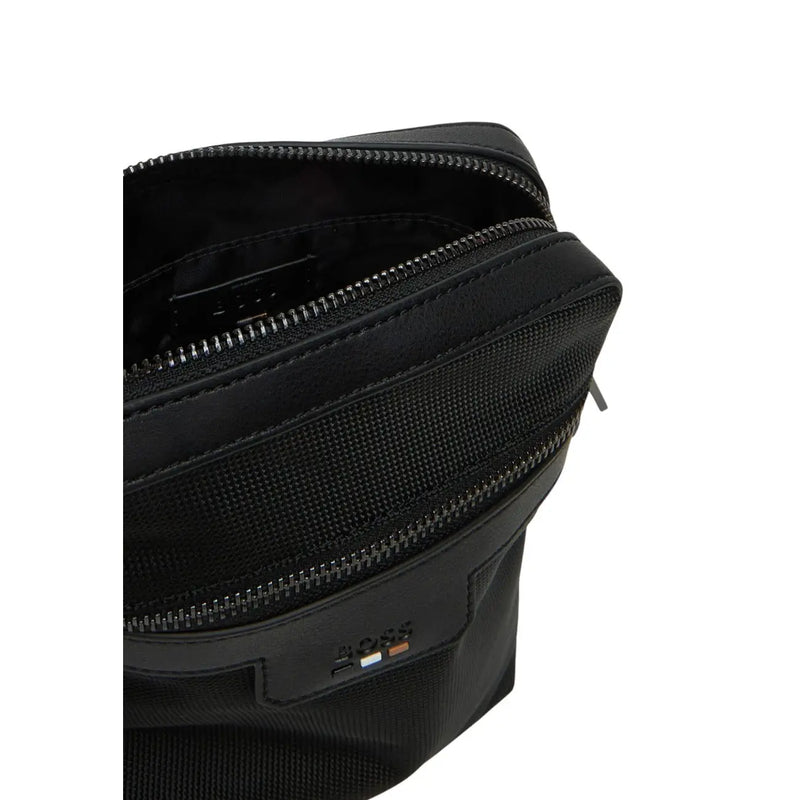 Schwarz Hugo Boss Herren-Umhängetasche mit elegantem, strukturiertem Polyester-Außenmaterial und zwei Reißverschlüssen, B 16 x H 20 cm