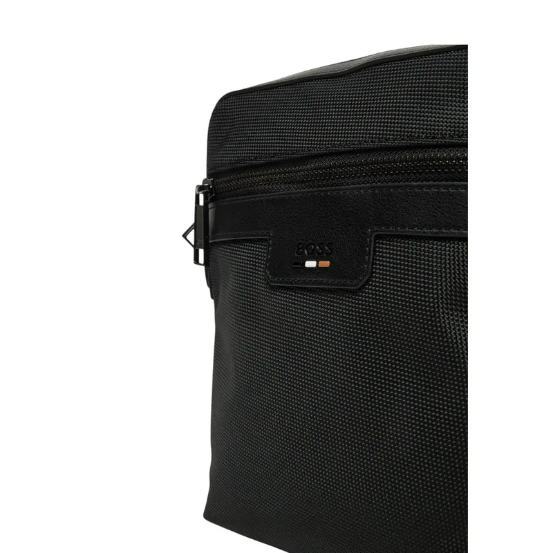 Boss Herren-Umhängetasche, schwarz, strukturiertes Polyester mit elegantem Lederriemen und Boss-Logo-Patch, 16 x 20 cm