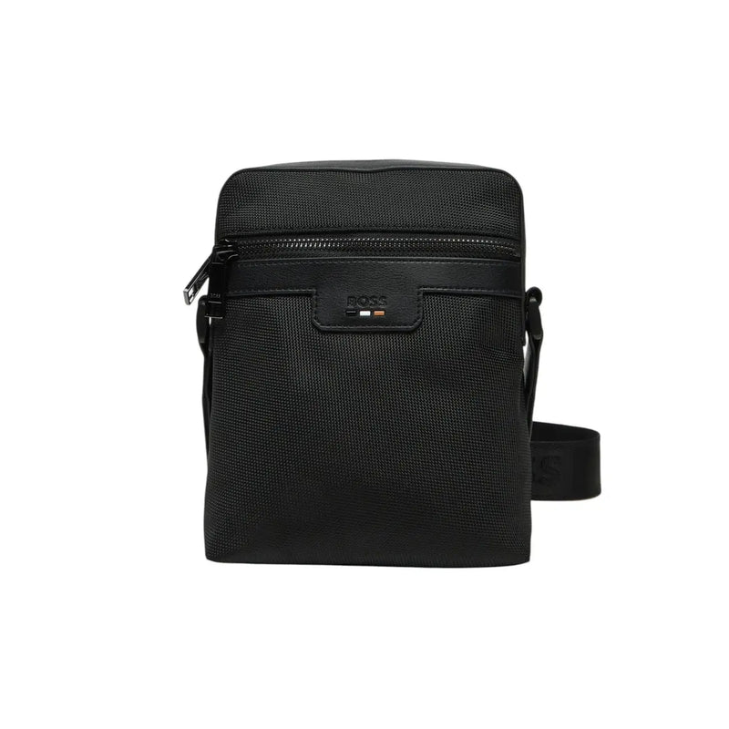 Schwarz strukturiert Hugo Boss Umhängetasche aus schwarzem Polyester mit Reißverschluss und dezentem Logo, Größe B 16 x H 20 cm