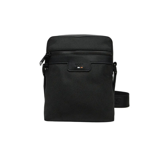 Schwarz strukturiert Hugo Boss Umhängetasche aus schwarzem Polyester mit Reißverschluss und dezentem Logo, Größe B 16 x H 20 cm