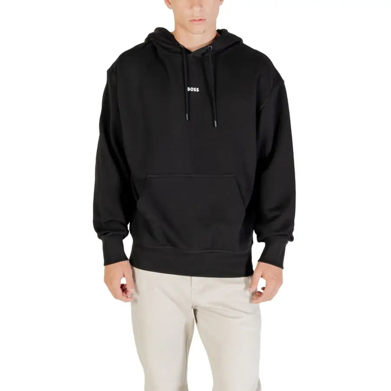 Men’s black hooded sweatshirt with front pouch pocket from Boss Men Green Cotton collection