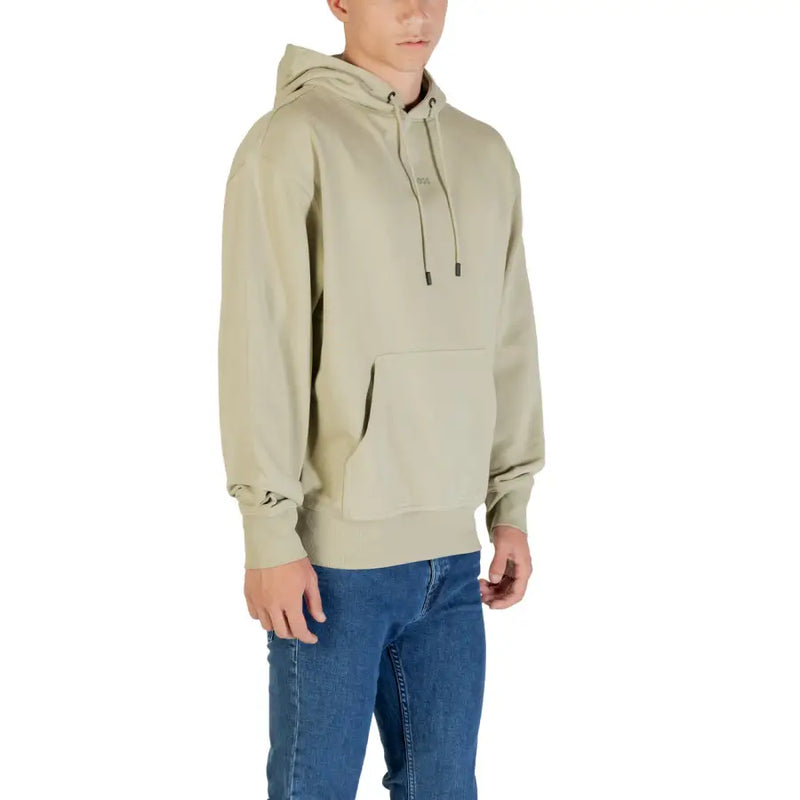 Men’s sage green cotton hoodie with front pouch pocket and drawstrings from Boss Men