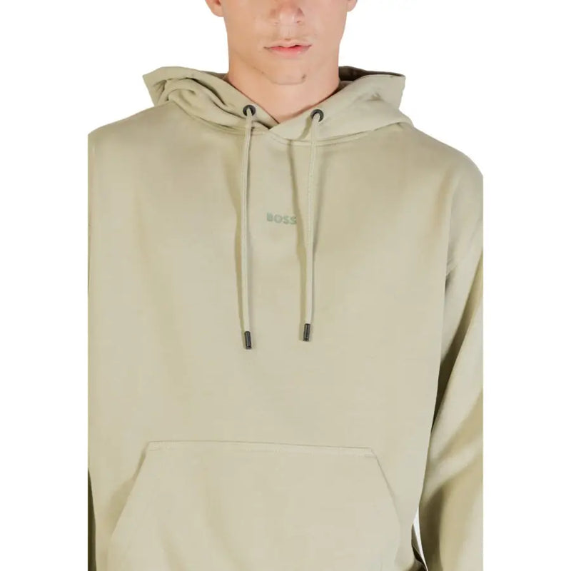 Beige hugo boss cotton hoodie with drawstring hood and front pocket for men in a casual style