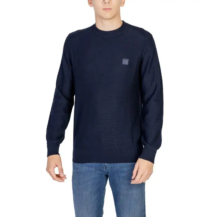 Navy blue crew neck sweater with logo patch from Boss Men Green collection