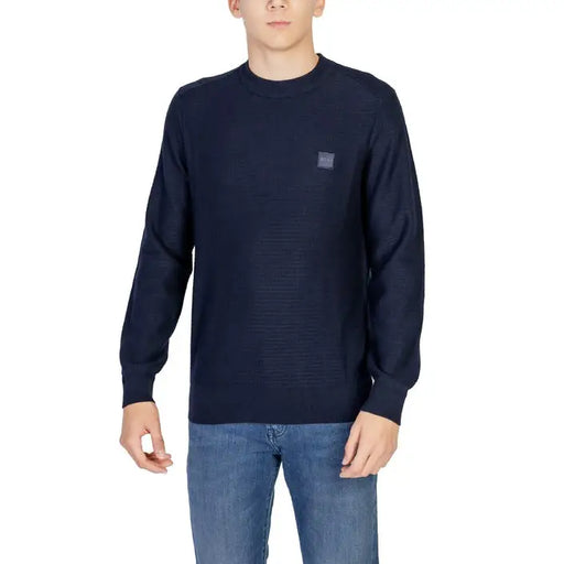 Navy blue crew neck sweater with logo patch from Boss Men Green collection