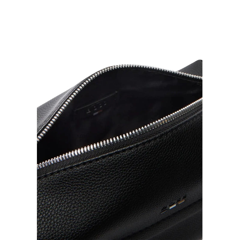 Boss Herren-Handtasche, schwarze genarbte Leder-Kulturtasche mit silbernem Reißverschluss, Größe 23 x 11 x 10 cm
