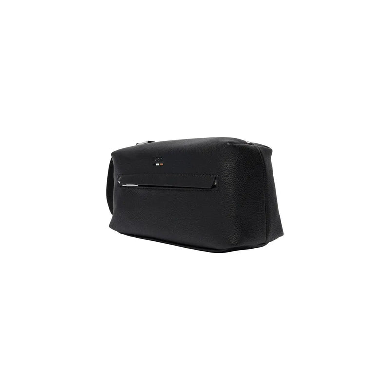Schwarze Herren-Kulturtasche von Boss aus Polyurethan mit strukturiertem Leder und silberfarbenen Reißverschlussdetails, Größe 23 x 11 x 10 cm