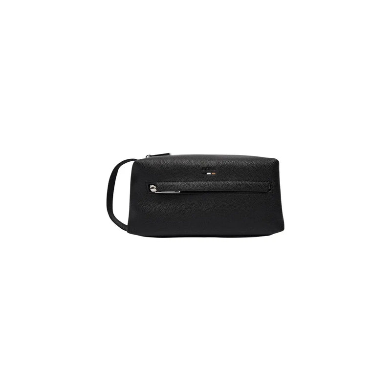 Schwarze Herren-Kulturtasche aus strukturiertem Leder von Boss mit silberfarbenem Reißverschluss und Griff, Größe 23 x 11 x 10 cm