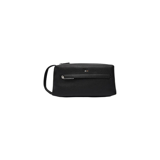 Schwarze Herren-Kulturtasche aus strukturiertem Leder von Boss mit silberfarbenem Reißverschluss und Griff, Größe 23 x 11 x 10 cm