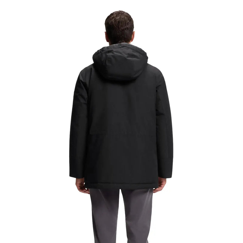 Schwarze Boss Herrenjacke mit Kapuze, lang, aus Polyester, mit elegantem, modernem Design und dezenten Ziernähten, Vorderansicht