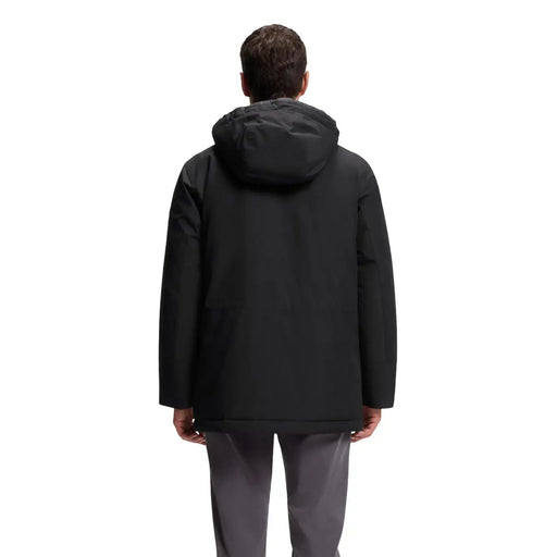 Schwarze Boss Herrenjacke mit Kapuze, lang, aus Polyester, mit elegantem, modernem Design und dezenten Ziernähten, Vorderansicht