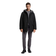 Boss Herrenjacke, schwarz, Kapuze, lang, Polyester, mit elegantem, modernem Design und dezentem grauen Innenfutter, von der Rückseite gesehen