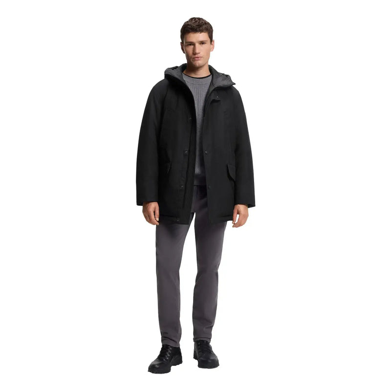 Boss Herrenjacke, schwarz, Kapuze, lang, Polyester, mit elegantem, modernem Design und dezentem grauen Innenfutter, von der Rückseite gesehen