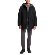 Boss Herrenjacke, schwarzer, langer Polyesterparka mit Kapuze, elegantem, modernem Design und dezentem grauen Innenfutter