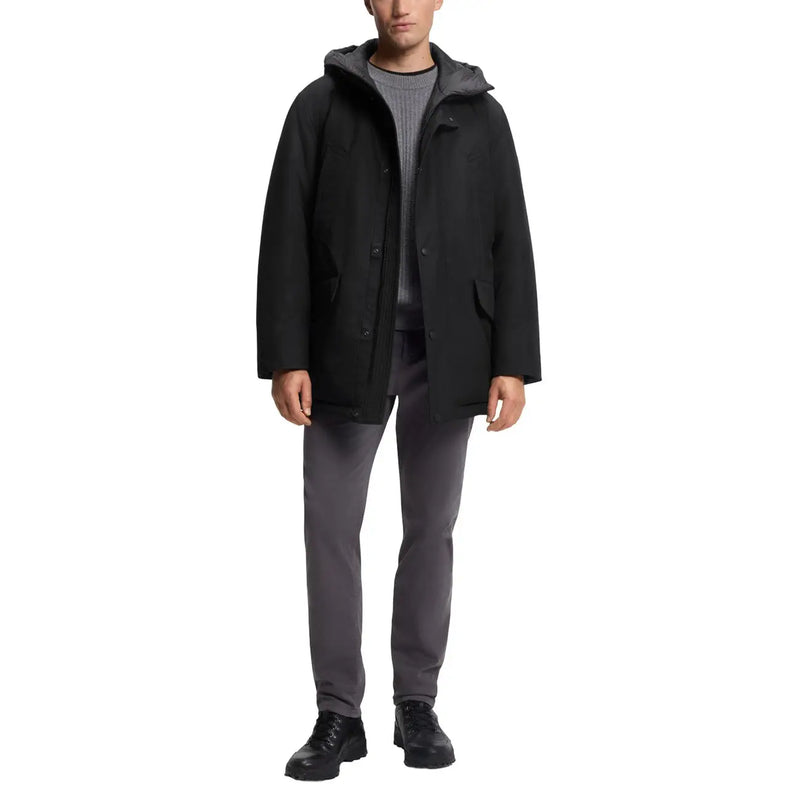 Boss Herrenjacke, schwarzer, langer Polyesterparka mit Kapuze, elegantem, modernem Design und dezentem grauen Innenfutter