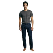 Boss Herrenjeans aus blauem Baumwoll-Stretch-Denim in Dunkelindigo mit klassischem Fünf-Taschen-Design und geradem Bein.