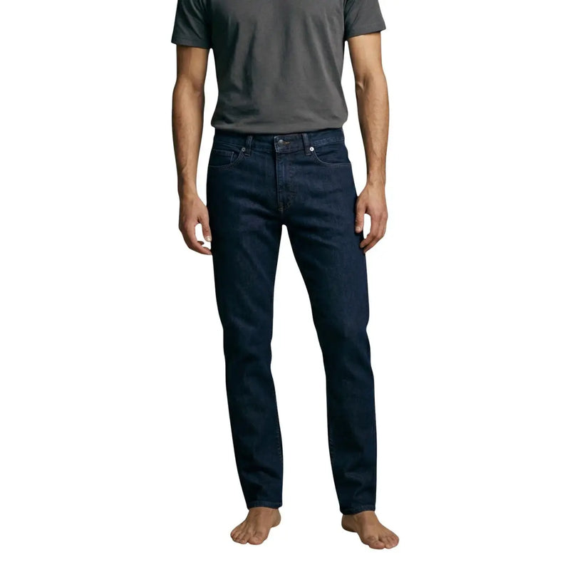 Boss men jeans blue cotton stretch regular fit dark indigo denim with five-pocket design and subtle thigh fading