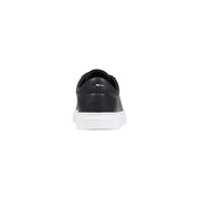 Schwarze Tommy Hilfiger Boss Herren-Schnürschuhe aus Leder, niedrig geschnitten top Sneaker mit weißer Gummisohle und dezentem Fersenlogo, von hinten betrachtet