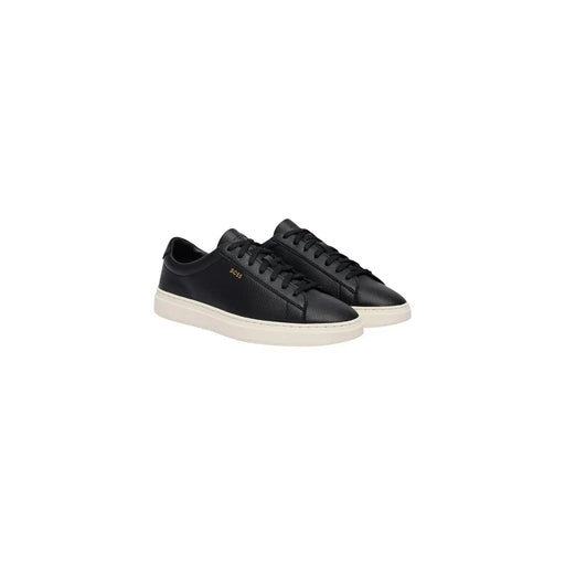 Boss men leather sneakers black lace up sporty shoes with black leather low top and white rubber sole with gold branding