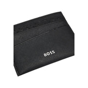 Black textured Boss men wallet card holder featuring a white Boss logo on the front side