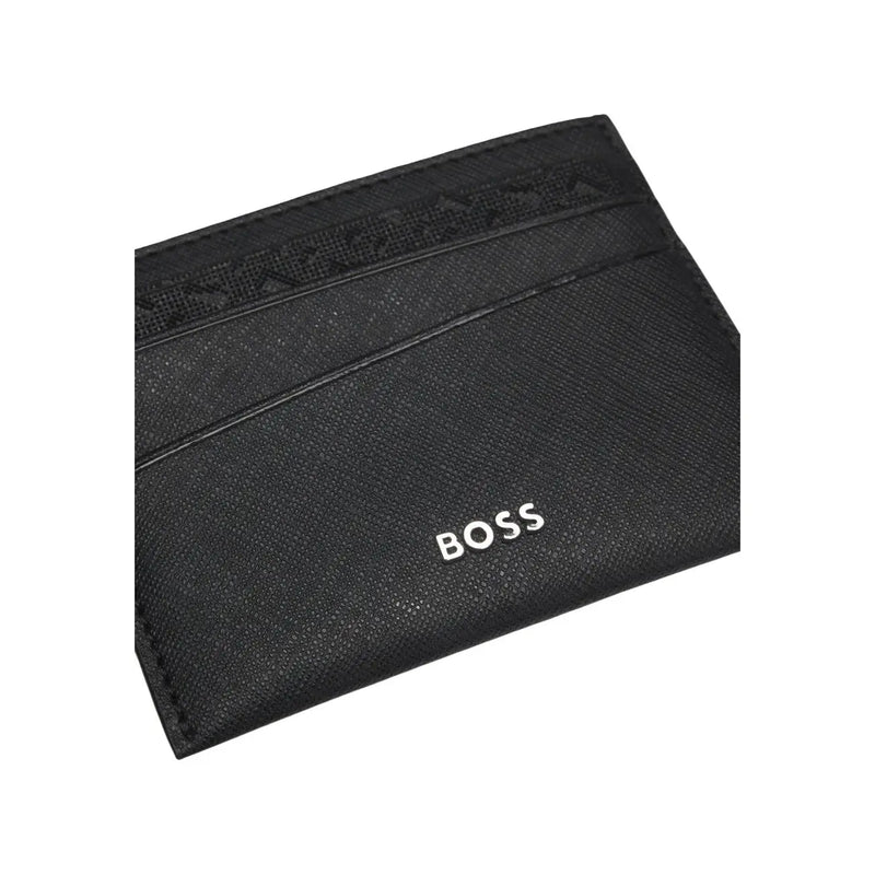 Black textured Boss men wallet card holder featuring a white Boss logo on the front side