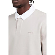 Boss men polo long sleeve grey cotton blend featuring beige textured fabric with white collar and boss embroidery