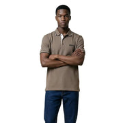 Boss Herren-Poloshirt, grau, Baumwollmischung, Kurzarm, taupefarbener Kragen, weißer Kragen und schwarze Paspelierung an Knopfleiste und Bündchen
