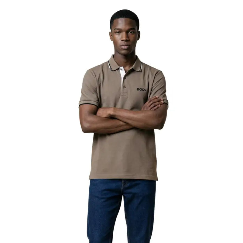 Boss Herren-Poloshirt, grau, Baumwollmischung, Kurzarm, taupefarbener Kragen, weißer Kragen und schwarze Paspelierung an Knopfleiste und Bündchen