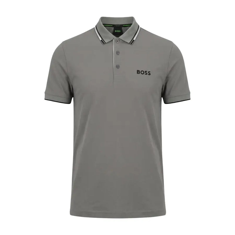 Boss Herren-Poloshirt, grau, Baumwollmischung, Kurzarm, Größe L, mit schwarzem Besatz und dezentem Hugo Boss-Branding auf der Vorderseite