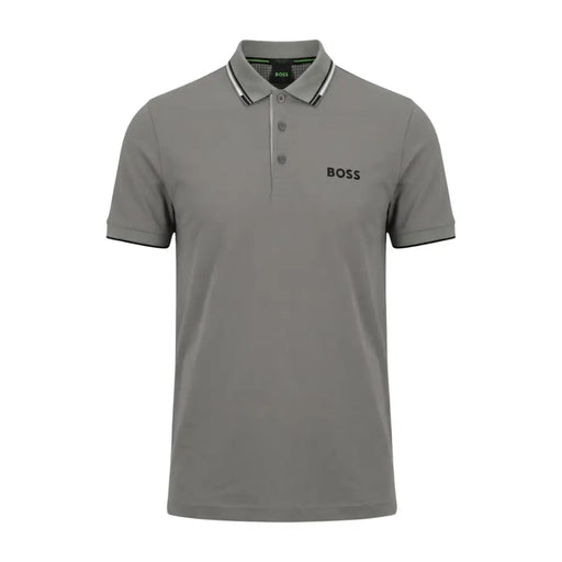 Boss Herren-Poloshirt, grau, Baumwollmischung, Kurzarm, Größe L, mit schwarzem Besatz und dezentem Hugo Boss-Branding auf der Vorderseite