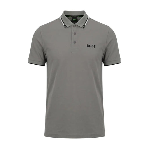 Boss men polo shirt grey cotton blend short sleeve size L with black trim and subtle Hugo Boss branding on front