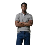 Boss Herren-Poloshirt, grau, Baumwollmischung, Kurzarm, mit weißem Kragen und Ärmelbündchen, Größe L, Vorderansicht