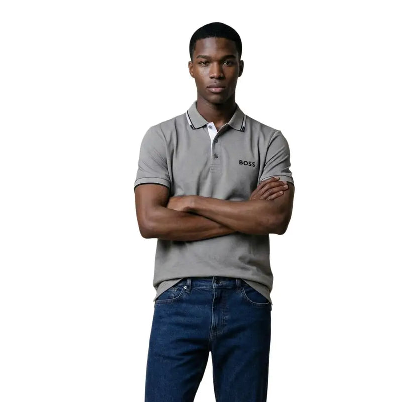 Boss Herren-Poloshirt, grau, Baumwollmischung, Kurzarm, mit weißem Kragen und Ärmelbündchen, Größe L, Vorderansicht