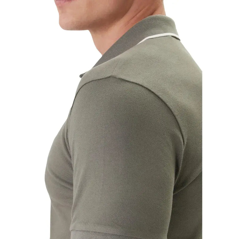 Boss Herren-Poloshirt aus olivgrünem Baumwoll-Elastan mit weißem Besatz an Kragen und Ärmelbündchen, Kurzarm