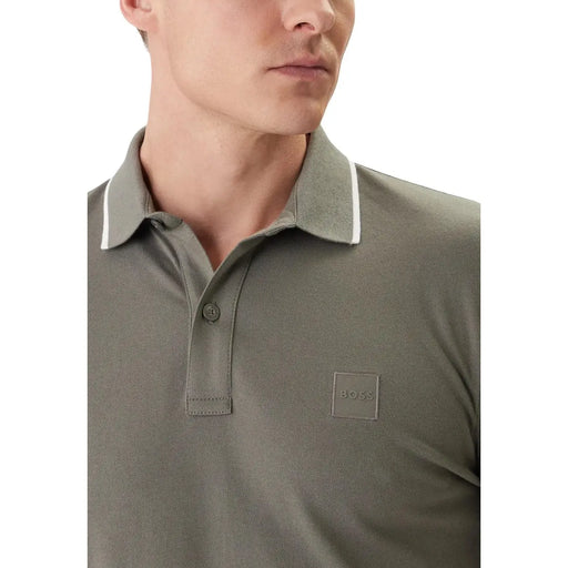 Boss men polo shirt olive green piqué cotton elastane with white collar trim and subtle chest logo patch