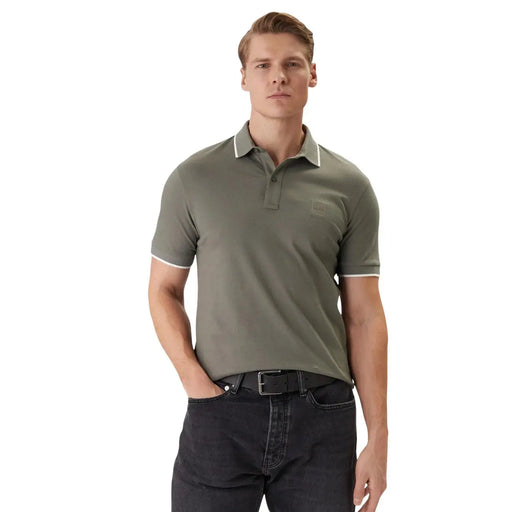 Boss men polo shirt short sleeve in olive green cotton elastane with white trim on collar and sleeve cuffs