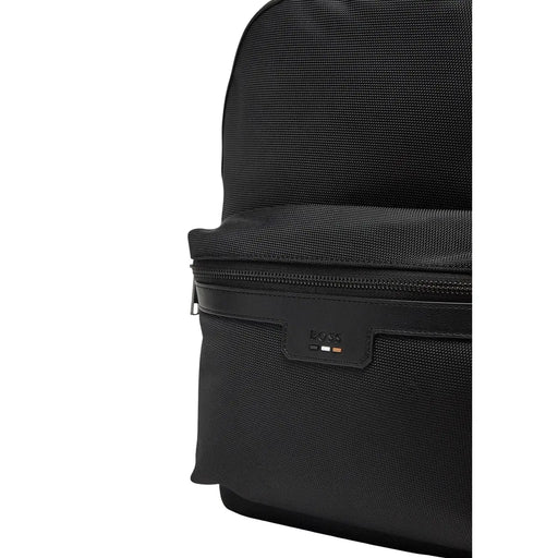 Schwarzer Boss Herrenrucksack aus strukturiertem Polyester mit elegantem Reißverschluss und Lederlogo-Patch, 30 x 40 x 14 cm