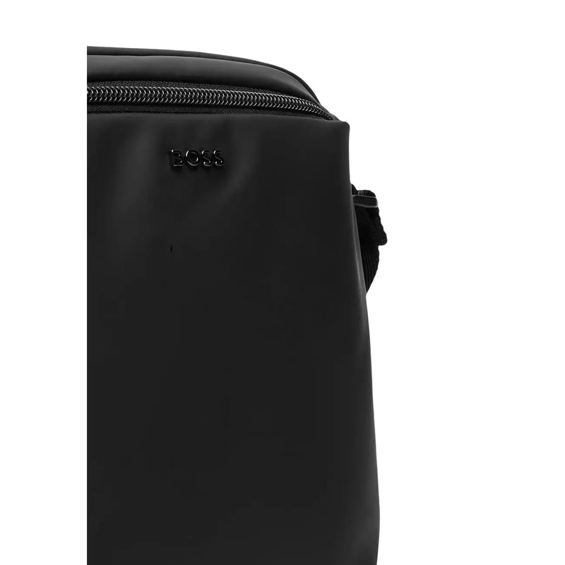 Schwarz Hugo Boss Herren-Schultertasche mit elegantem, mattem Polyurethan-Finish und dezenten Ziernähten, Größe 16 x 22 x 6 cm