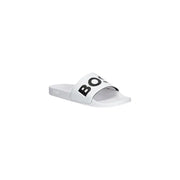 Boss Herren-Slipper, weiß, mit Logoprint, PVC-Sandalen mit markanter schwarzer Schrift auf dem Riemen, für Frühling und Sommer