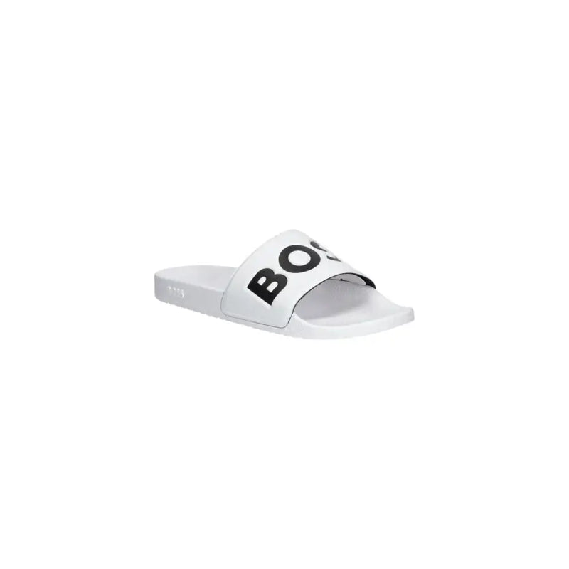Boss Herren-Slipper, weiß, mit Logoprint, PVC-Sandalen mit markanter schwarzer Schrift auf dem Riemen, für Frühling und Sommer