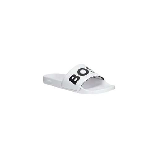 Boss Herren-Slipper, weiß, mit Logoprint, PVC-Sandalen mit markanter schwarzer Schrift auf dem Riemen, für Frühling und Sommer