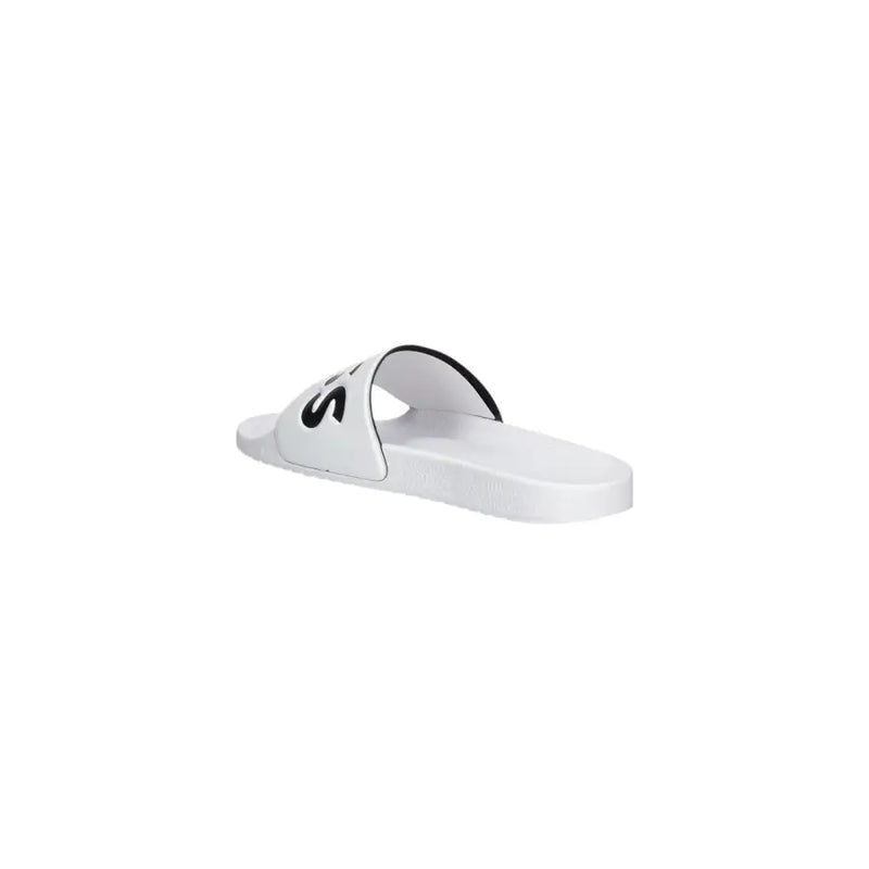 Weiße Boss Herren-Sandalen mit schwarzem Logoaufdruck auf dem PVC-Riemen, entworfen für Frühling und Sommer