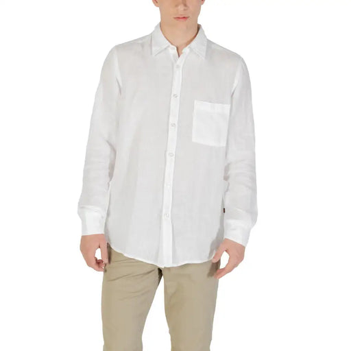 Men’s white long-sleeve linen shirt with chest pocket paired with khaki pants for spring summer style