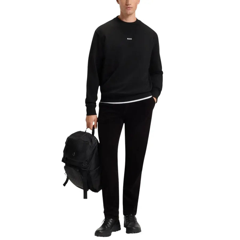 Schwarzes Boss Herren-Sweatshirt mit weißem Saum und kleinem Brustlogo aus 100 % Baumwolle, langärmelig, Rundhalsausschnitt