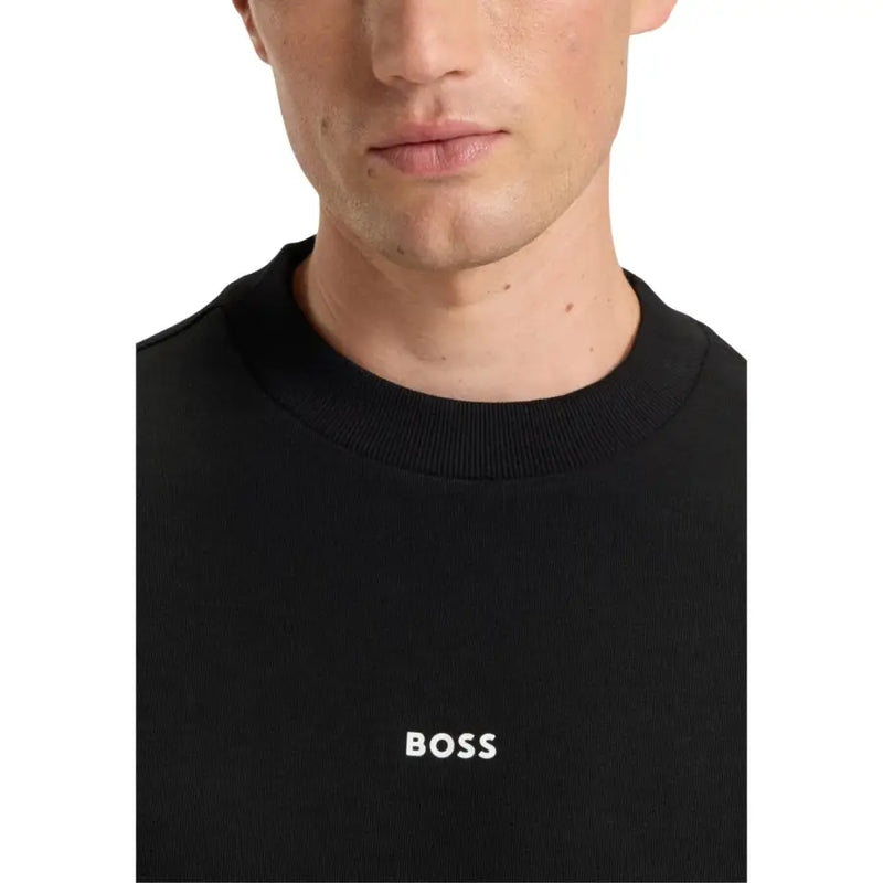 Schwarzes Boss Herren-Sweatshirt mit geripptem Rundhalsausschnitt, langen Ärmeln aus 100 % Baumwolle und dezentem, weiß gesticktem Logo