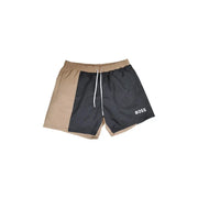 Beige-schwarze, zweifarbige Herren-Badehose mit weißem Kordelzug aus Polyester für Herbst und Winter
