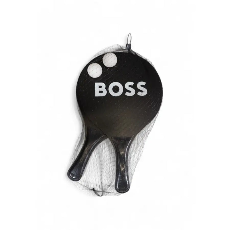 Schwarzes Padel-Tennisset mit weißem Logo und zwei Bällen im Netz für Herren, beigefarbenes Polyester, Herbst/Winter